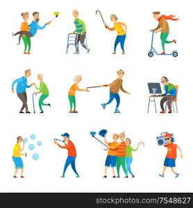 Senior people having fun together taking selfie on phone and throwing party vector. Man and woman old age of grandmother and grandfather with bubbles, flat style. Senior People Having Fun Together Selfie Party