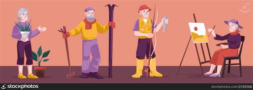Senior people hobby and active lifestyle. Elder male and female character painting, gardening, skiing and fishing. Aged men and women having leisure, fun, sport. Cartoon people vector illustration. Senior people hobby and active lifestyle, sport