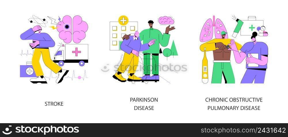 Senior people illness abstract concept vector illustration set. Stroke and parkinson disease tremor, chronic obstructive pulmonary disease, headache, shortness of breath, first aid abstract metaphor.. Senior people illness abstract concept vector illustrations.