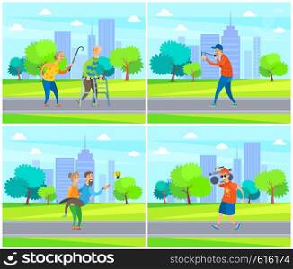 Senior people in city park vector, weekends of grandmother and grandfather with slingshot, woman and man taking selfie on nature, music box on shoulder. Old People in Park, Granny and Grandpa Yelling