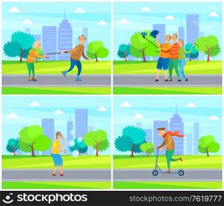 Senior people in park vector, man and woman rolling on path in city streets, elderly man riding scooter, group selfie on smartphone hipster characters. Pensioner Rolling with Old Wife Senior Male Female