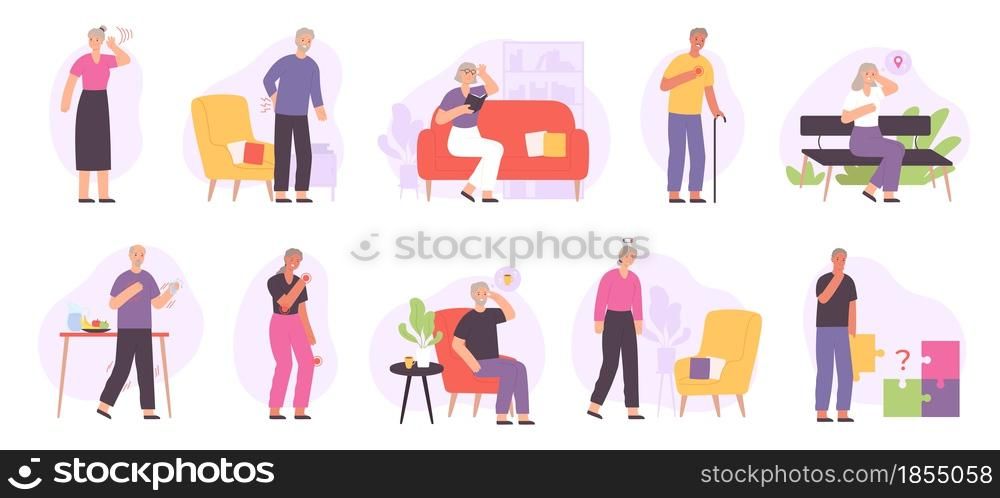 Senior people joint diseases, health problems, alzheimer and dementia. Elderly with heart ache, memory, hearing and vision lost vector set. Retired characters suffering from illnesses