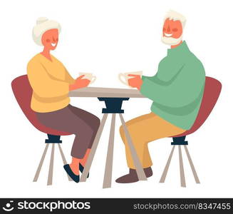 Senior people on date, man and woman drinking coffee in cafe or restaurant. Grandmother or grandfather sitting by a table and talking. Communication and happy retirement. Vector in flat style. Grandmother and grandfather in cafe, senior people