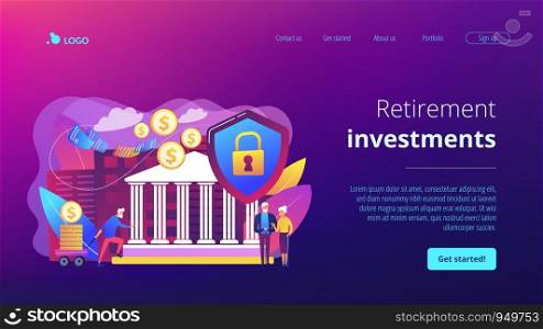Senior people savings fund, pensioners earnings. Retirement investments, retirement budget development, contribution in pension account concept. Website homepage landing web page template.. Retirement investments concept landing page.