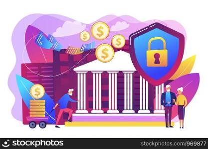Senior people savings fund, pensioners earnings. Retirement investments, retirement budget development, contribution in pension account concept. Bright vibrant violet vector isolated illustration. Retirement investments concept vector illustration.