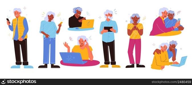 Senior people use gadgets. Elderly persons with mobile smart devices, grandparents chat and working on laptops, grandmother hold phone, grandfather in headphones with tablet, vector cartoon flat set. Senior people use gadgets. Elderly persons with mobile smart devices, grandparents chat and working on laptops, grandmother hold phone, grandfather in headphones with tablet vector cartoon set