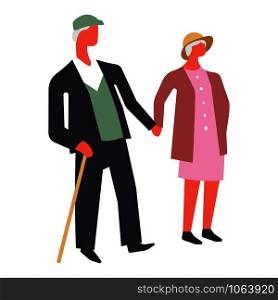 Senior people walking together and holding each others hands vector. Retired man and woman, pensioners relaxing outdoors, grandfather strolling with wooden stick, lady wife. Old married couple. Senior people walking together and holding each others hands