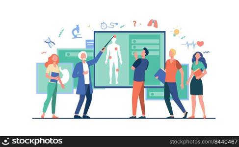 Senior professor lecturing students group in classroom. Grey haired doctor pointing at body silhouette, explaining human anatomy. Vector illustration for education, conference, class, medicine concept