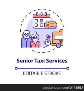Senior taxi service concept icon. Set up delivery business abstract idea thin line illustration. Isolated outline drawing. Editable stroke. Roboto-Medium, Myriad Pro-Bold fonts used. Senior taxi service concept icon