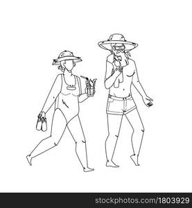 Senior Vacation Together On Ocean Shoreline Black Line Pencil Drawing Vector. Old Woman Carrying Slippers And Drinking Cocktail, Senior Man Wearing Hat And Sunglasses Walk On Sandy Beach. Illustration. Senior Vacation Together On Ocean Shoreline Vector