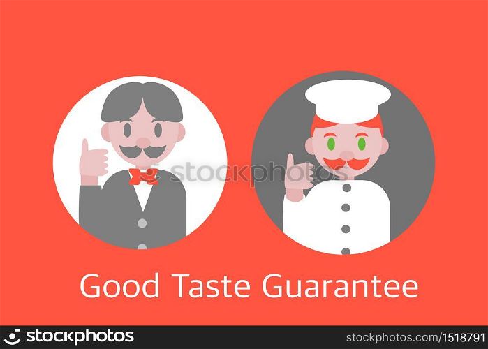 Senior waiters and cooks are showing their thumbs to guarantee the taste of the food.