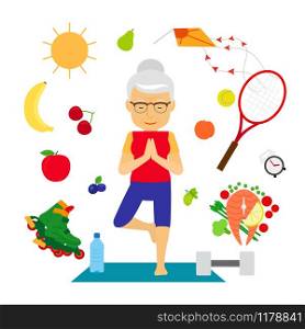 Senior woman healthy lifestyle. Old woman with healthy food, sport equipment going yoga, vector illustration. Senior woman healthy lifestyle