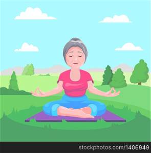 Senior woman meditates sitting on carpet.Vector illustration.