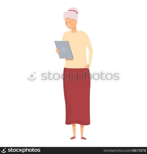 Senior woman use tablet icon cartoon vector. Old person. Mobile computer. Senior woman use tablet icon cartoon vector. Old person