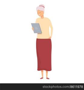 Senior woman use tablet icon cartoon vector. Old person. Mobile computer. Senior woman use tablet icon cartoon vector. Old person