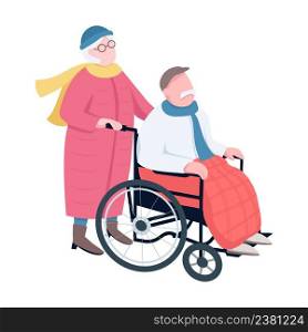 Senior woman walking with old husband semi flat color vector characters. Posing figures. Full body people on white. Park visitors simple cartoon style illustration for web graphic design and animation. Senior woman walking with old husband semi flat color vector characters