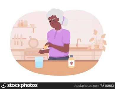 Senior woman with pills at home 2D vector isolated illustration. Vitamin supplement. Medicine flat character on cartoon background. Treatment colourful editable scene for mobile, website, presentation. Senior woman with pills at home 2D vector isolated illustration