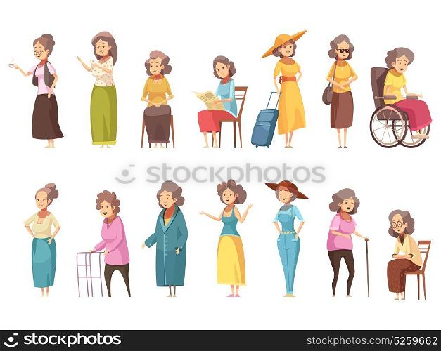 Senior Women Cartoon Icons Set. Senior woman disable old citizens with walking cane retro cartoon icons 2 banners set isolated vector illustration