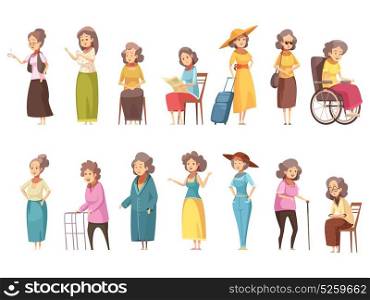 Senior Women Cartoon Icons Set. Senior woman disable old citizens with walking cane retro cartoon icons 2 banners set isolated vector illustration