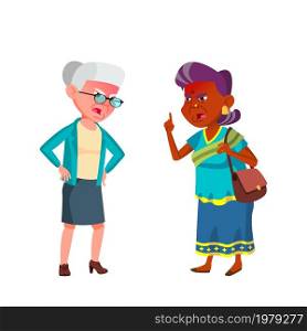 Senior Women Quarreling In Grocery Shop Vector. Aggressive Caucasian And Indian Elderly Ladies Quarreling In Store Or Market. Characters Screaming And Arguing Flat Cartoon Illustration. Senior Women Quarreling In Grocery Shop Vector
