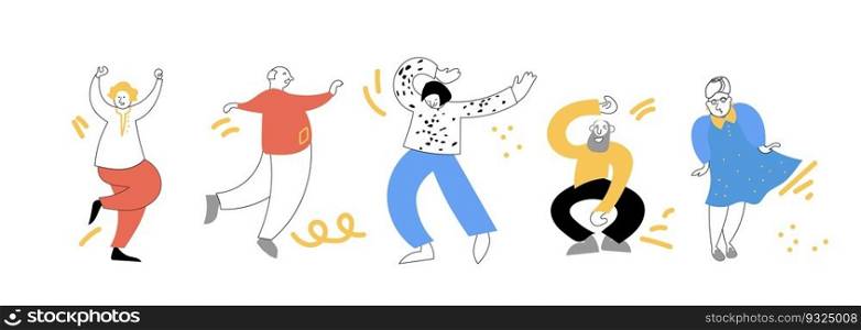 Seniors dance flat vector illustration. Elderly men and women actively spend time.