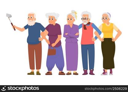 Seniors group. Elderly people hugs and doing selfie. Fun grandparents friends together. Happy active women and men with smartphone, decent vector characters. Illustration of old senior woman and man. Seniors group. Elderly people hugs and doing selfie. Fun grandparents friends together. Happy active women and men with smartphone, decent vector characters