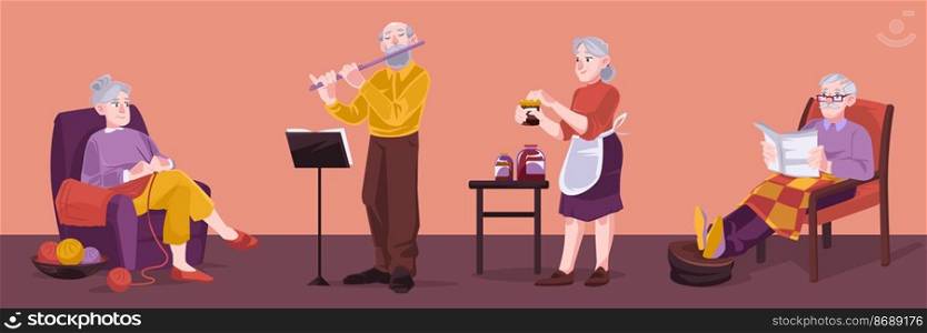 Seniors hobby, old people active lifestyle, male and female elder characters knitting, playing flute, making jam and reading newspaper. Grandmother and grandfather leisure, Cartoon vector illustration. Seniors hobby, old people active lifestyle, relax