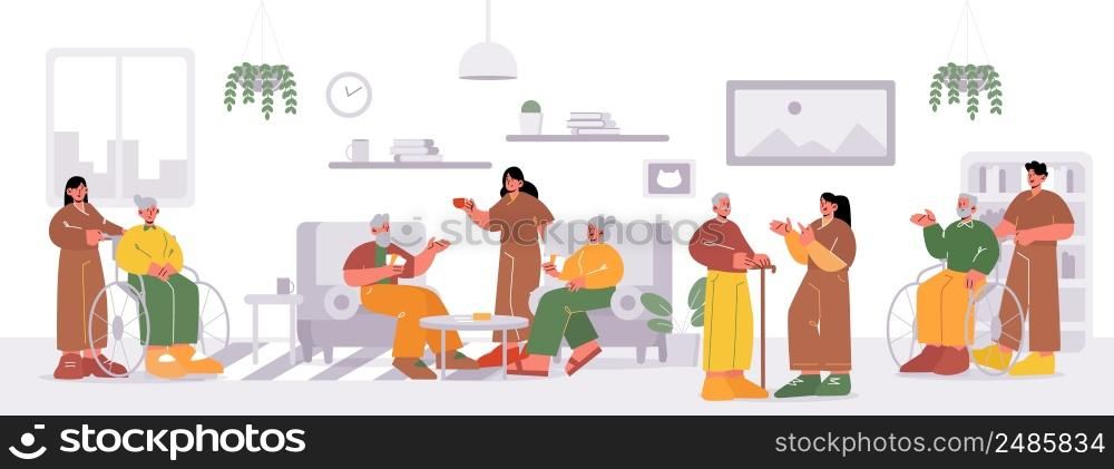 Seniors in nursing home or hospice, volunteers care of elderly characters on wheelchair, aged men and women playing cards, communicate, oldies lifestyle, rehabilitation Linear flat vector illustration. Seniors in nursing home or hospice with volunteers