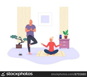 Seniors practicing yoga. Elderly couple stretching exercise home, sport elder people relaxation, sporty grandfather healthy old lady fitness meditation, vector illustration of fitness elderly yoga. Seniors practicing yoga. Elderly couple stretching exercise home, sport elder people relaxation, sporty grandfather healthy old lady fitness meditation, cartoon vector illustration