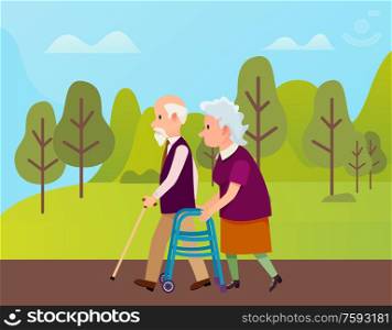 Seniors walking together in green park, old man and woman going outdoor, trees and hills. Side view of elderly people, couple healthy lifestyle vector. Elderly People in Park, Seniors Outdoor Vector