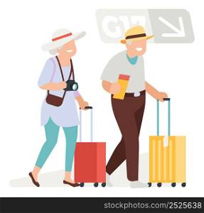 Seniors with suitcases. Old people traveling together isolated on white background. Seniors with suitcases. Old people traveling together