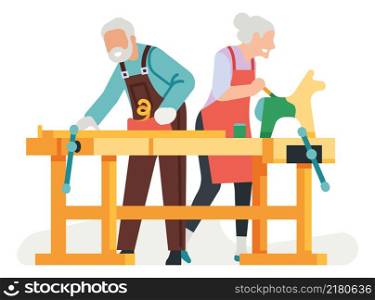 Seniors woodworking. Old people making wood toys. Elderly activity isolated on white background. Seniors woodworking. Old people making wood toys. Elderly activity