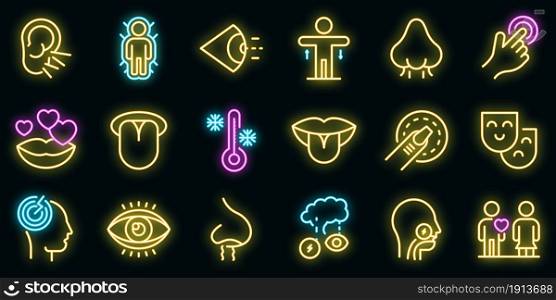 Senses icons set. Outline set of senses vector icons neon color on black. Senses icons set vector neon