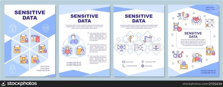 Sensitive data blue brochure template. Information safety. Booklet print design with linear icons. Vector layouts for presentation, annual reports, ads. Arial-Black, Myriad Pro-Regular fonts used. Sensitive data blue brochure template