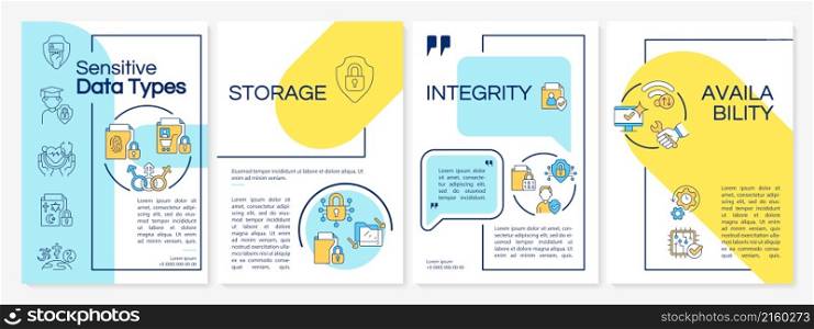 Sensitive data examples blue and yellow brochure template. Booklet print design with linear icons. Vector layouts for presentation, annual reports, ads. Questrial-Regular, Lato-Regular fonts used. Sensitive data examples blue and yellow brochure template