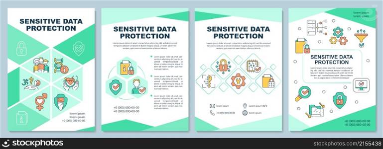 Sensitive data protection green brochure template. Booklet print design with linear icons. Vector layouts for presentation, annual reports, ads. Arial-Black, Myriad Pro-Regular fonts used. Sensitive data protection green brochure template