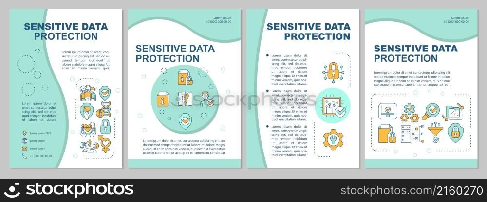 Sensitive data protection mint brochure template. Personal security. Booklet print design with linear icons. Vector layouts for presentation, annual reports, ads. Arial, Myriad Pro-Regular fonts used. Sensitive data protection mint brochure template