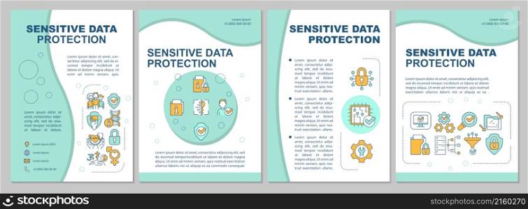 Sensitive data protection mint brochure template. Personal security. Booklet print design with linear icons. Vector layouts for presentation, annual reports, ads. Arial, Myriad Pro-Regular fonts used. Sensitive data protection mint brochure template