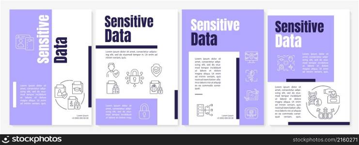 Sensitive data purple brochure template. Protect information. Booklet print design with linear icons. Vector layouts for presentation, annual reports, ads. Anton-Regular, Lato-Regular fonts used. Sensitive data purple brochure template