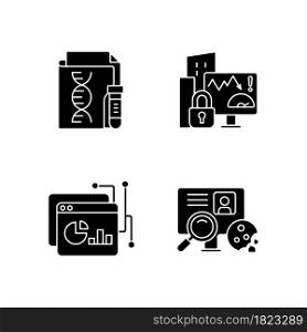 Sensitive data types black glyph icons set on white space. Genetic information. Company risk scoring. Data intelligence platform. HTTP cookie. Silhouette symbols. Vector isolated illustration. Sensitive data types black glyph icons set on white space