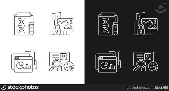 Sensitive data types linear icons set for dark and light mode. Genetic information. Company risk scoring. Customizable thin line symbols. Isolated vector outline illustrations. Editable stroke. Sensitive data types linear icons set for dark and light mode