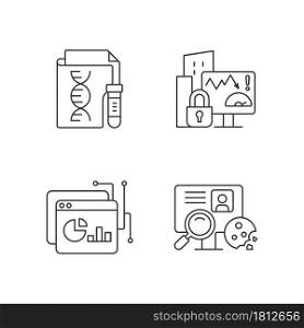Sensitive data types linear icons set. Genetic information. Company risk scoring. HTTP cookie. Customizable thin line contour symbols. Isolated vector outline illustrations. Editable stroke. Sensitive data types linear icons set