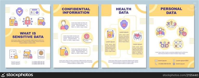 Sensitive data types yellow brochure template. Secure privacy. Booklet print design with linear icons. Vector layouts for presentation, annual reports, ads. Arial-Black, Myriad Pro-Regular fonts used. Sensitive data types yellow brochure template