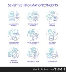 Sensitive information blue gradient concept icons set. Protect important data. Safety idea thin line color illustrations. Isolated outline drawings. Roboto-Medium, Myriad Pro-Bold fonts used. Sensitive information blue gradient concept icons set