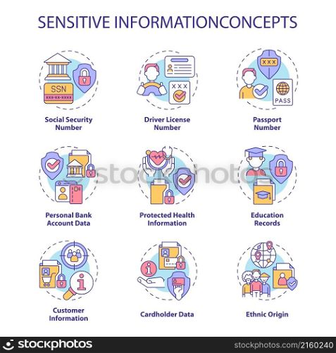 Sensitive information concept icons set. Protect personal and corporate data. Safety idea thin line color illustrations. Isolated outline drawings. Roboto-Medium, Myriad Pro-Bold fonts used. Sensitive information concept icons set