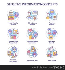 Sensitive information concept icons set. Protect personal and corporate data. Safety idea thin line color illustrations. Isolated outline drawings. Roboto-Medium, Myriad Pro-Bold fonts used. Sensitive information concept icons set