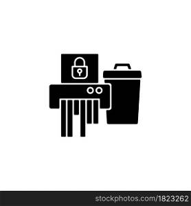 Sensitive information disposal black glyph icon. Confidential waste. Accidental disclosure prevention. Shredding. Disposing documents. Silhouette symbol on white space. Vector isolated illustration. Sensitive information disposal black glyph icon