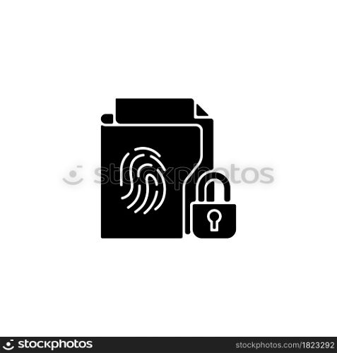 Sensitive information protection black glyph icon. Prevent unauthorized access. Cybersecurity measure. Data breaches prevention. Silhouette symbol on white space. Vector isolated illustration. Sensitive information protection black glyph icon