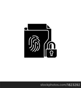 Sensitive information protection black glyph icon. Prevent unauthorized access. Cybersecurity measure. Data breaches prevention. Silhouette symbol on white space. Vector isolated illustration. Sensitive information protection black glyph icon