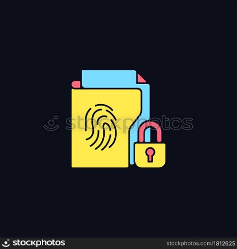 Sensitive information protection RGB color icon for dark theme. Preventing unauthorized access. Isolated vector illustration on night mode background. Simple filled line drawing on black. Sensitive information protection RGB color icon for dark theme
